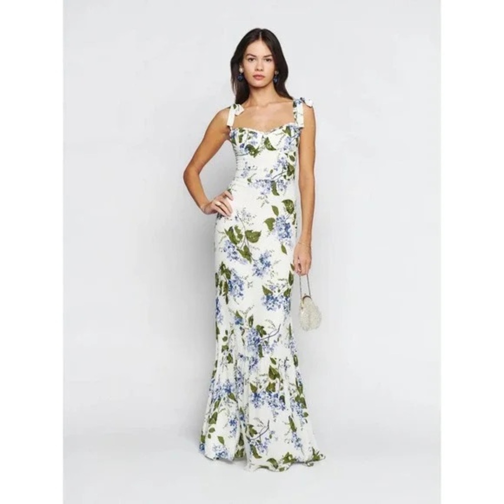NWT Reformation Jasen Floral White and Blue Women's Dress with Ties long